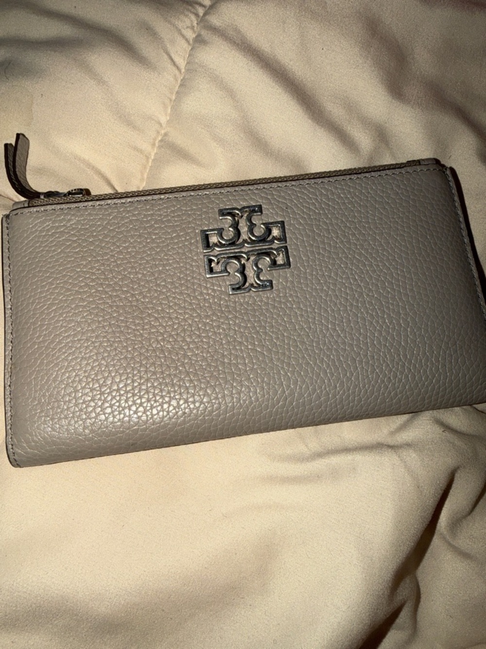 Tory Burch Leather Taupe Pebbled Leather Zip Wallet with Silver Logo